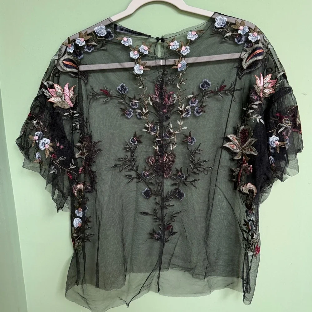 Floral Embroidered Sheer Mesh Top Short Sleeve Forest Fairy Whimsigoth Large